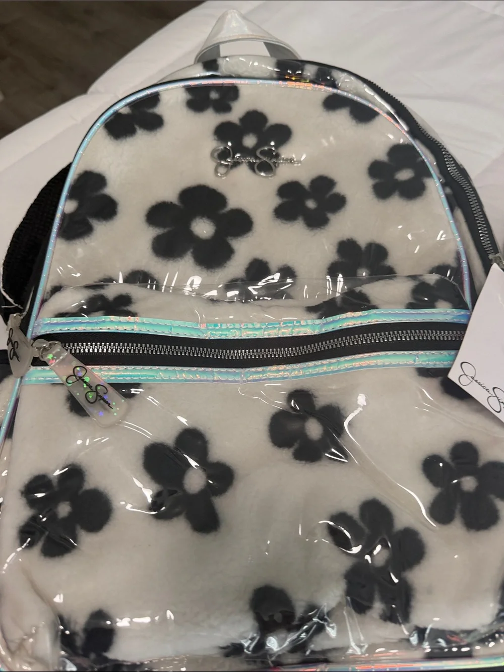 Jessica Simpson Cream and Black Floral Faux-Fur Backpack Value Set